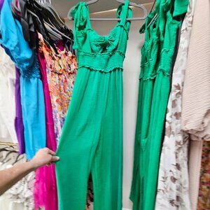 Main strip green jumpsuit Spring/ Summer wear with front bow